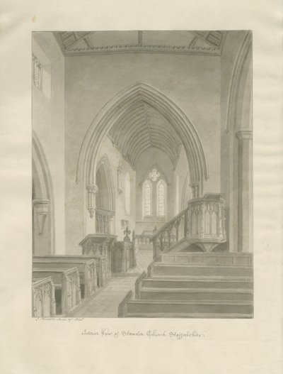 Interiør af Standon Church: sepia tegning af John Buckler