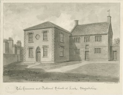 Leek Town - Grammar School: sepia drawing, 1844dani af John Buckler
