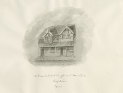 Leek Town - gamle huse på markedspladsen: sepia-tegning af John Buckler