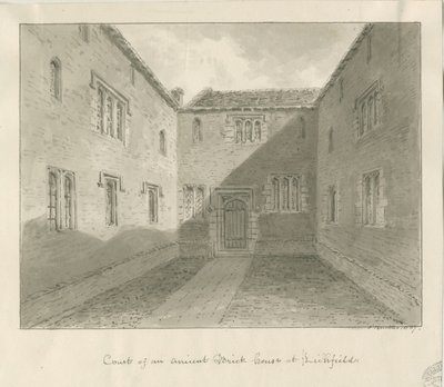 Lichfield - Court Yard of Old House in The Close: sepia-tegning af John Buckler