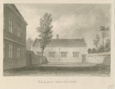 Lichfield - Grammar School: sepia tegning af John Buckler