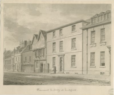 Lichfield - Bibliotek: sepia-tegning, 1833 af John Buckler