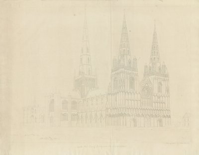 Lichfield Cathedral - North West View: radering, 1807 af John Buckler