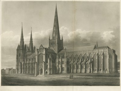 Lichfield Cathedral - South East View: akvatintegravering og [?1800-tallet] af John Buckler