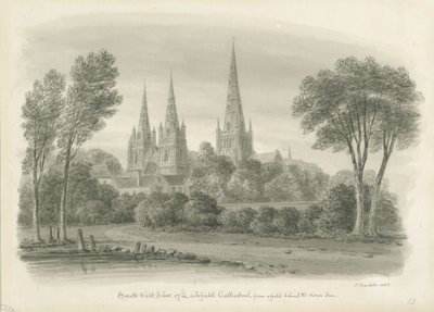 Lichfield Cathedral - South West View: sepia tegning af John Buckler