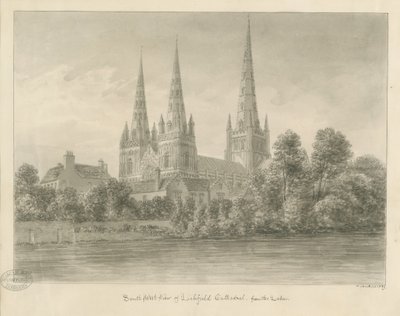 Lichfield Cathedral - South West View: sepia tegning af John Buckler