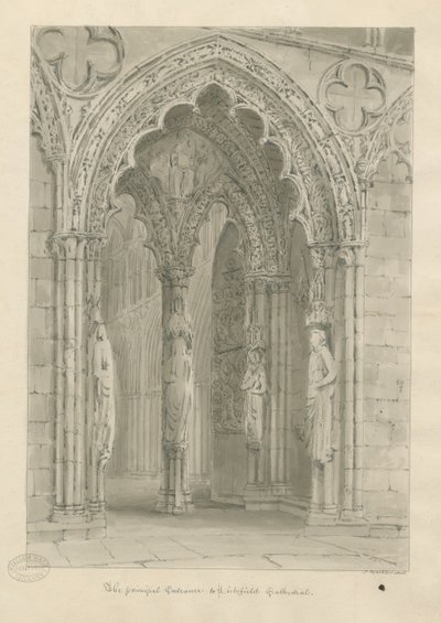 Lichfield Cathedral - West Doorway: sepia-tegning af John Buckler