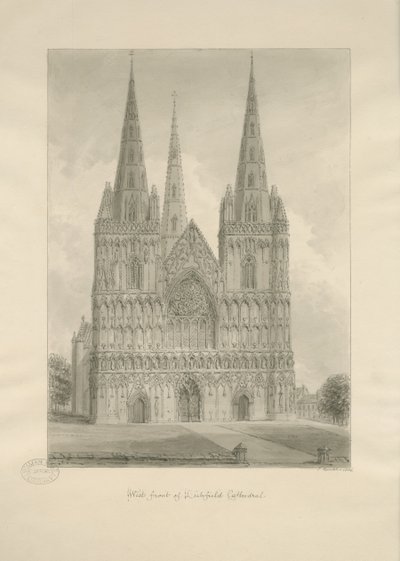 Lichfield Cathedral - West Front: sepia-tegning, 1806 af John Buckler