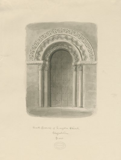 Longdon Church - South Doorway: sepia tegning af John Buckler