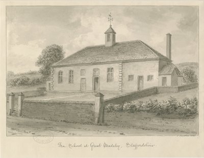 Madeley - Free School: sepia drawing, 1840dani af John Buckler