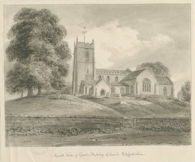 Madeley Church: sepia vask tegning af John Buckler