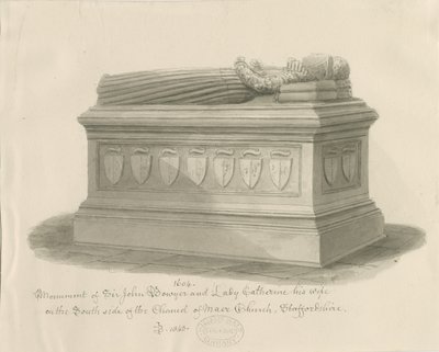 Maer Church - Monument to Sir John Bowyer and Lady Catherine: sepia wash drawing, 1843dani af John Buckler