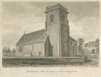 Mavesyn Ridware Church: sepia tegning, 1839 af John Buckler
