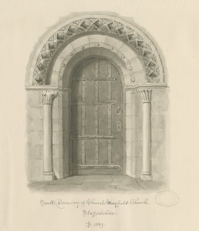 Mayfield Church - South Doorway: sepia wash drawing, 1839dani af John Buckler
