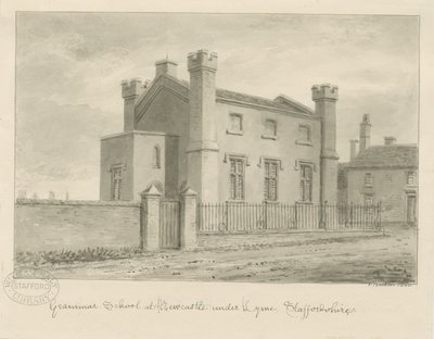 Newcastle-under-Lyme - Grammar School: sepia vask tegning, 1840 af John Buckler