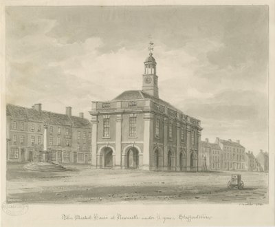 Newcastle-under-Lyme - Market Square: sepia wash drawing, 1840dani af John Buckler