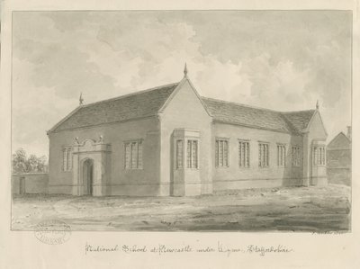 Newcastle-under-Lyme - National School: sepia vask tegning af John Buckler