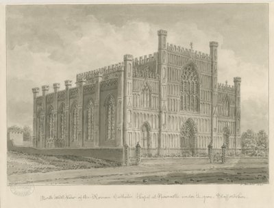 Newcastle-under-Lyme - romersk-katolske kapel: sepia vask tegning, 1840 af John Buckler