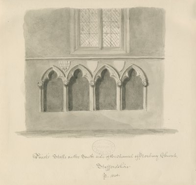 Norbury Church - Priests" boder: sepia vask tegning, 1843 af John Buckler