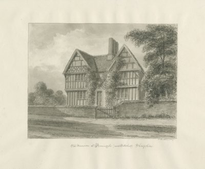 Patshull - Gammelt palæ i Boningale: sepia vask tegning, 1847 af John Buckler