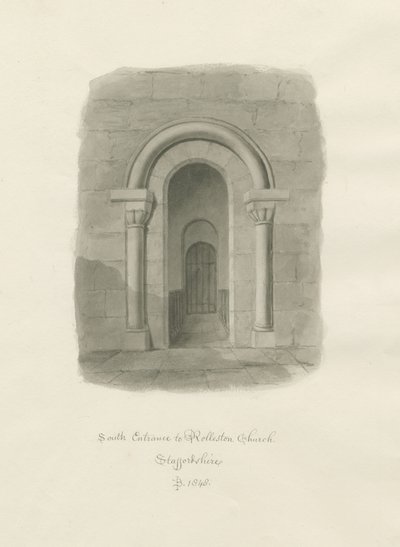 Rolleston Church - sydindgang: sepia tegning af John Buckler