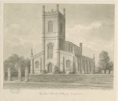 Rugeley Church (ny): sepia vask tegning af John Buckler