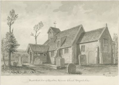 Rushton Spencer Church: sepia vask tegning, 1844 af John Buckler