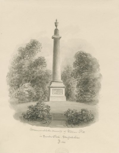 Sandon - Monument til William Pitt: sepia vask tegning af John Buckler