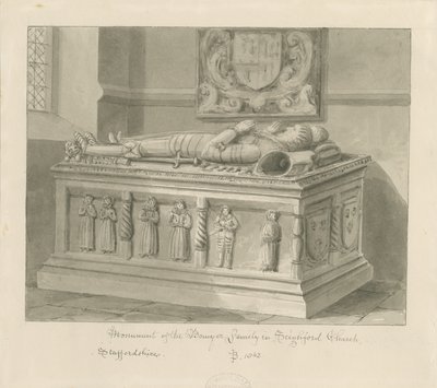 Seighford Church - Tomb of William and Mercy Bowyer: sepia vask tegning, 1842 af John Buckler