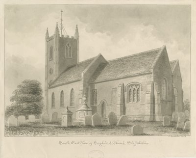 Seighford Church: sepia wash tegning, 1842 af John Buckler