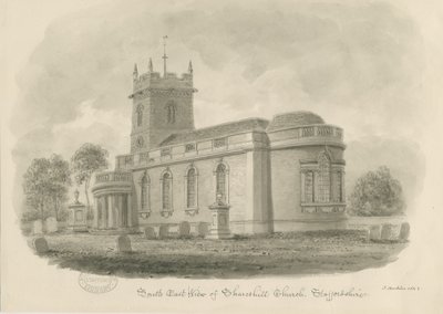 Shareshill Church: sepia-tegning, 1843 af John Buckler
