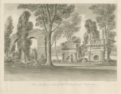 Shugborough - Ruiner i haven: sepia tegning af John Buckler