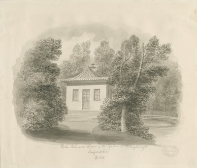 Shugborough - The Chinese Room: sepia vask tegning af John Buckler