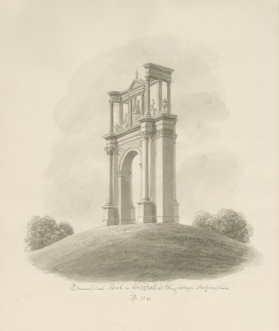 Shugborough - Triumfbue: sepia tegning af John Buckler