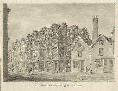 Stafford - Ancient "High House": sepia tegning, 1841 af John Buckler