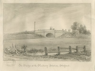 Stafford - Bridge at Railway Station: sepia-tegning, 1841 af John Buckler