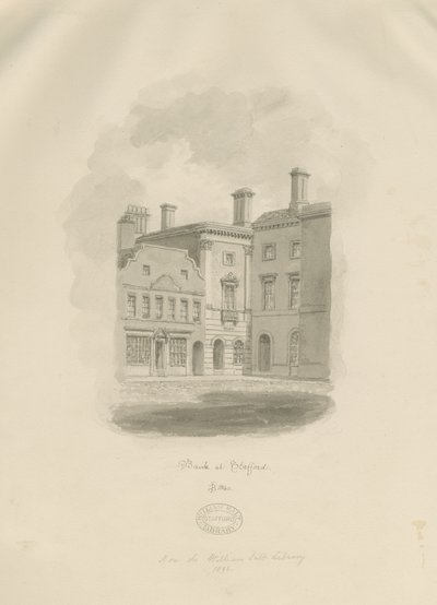 Stafford - Old Bank in Market Square: sepia-tegning af John Buckler