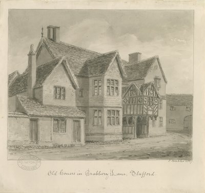 Stafford - Gamle huse i Crabbery Lane: sepia tegning af John Buckler