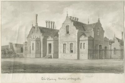 Stafford - Jernbanestation: sepia tegning af John Buckler