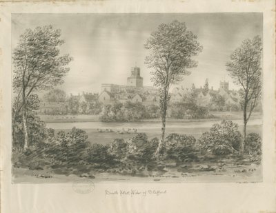 Stafford - South West View: sepia tegning af John Buckler