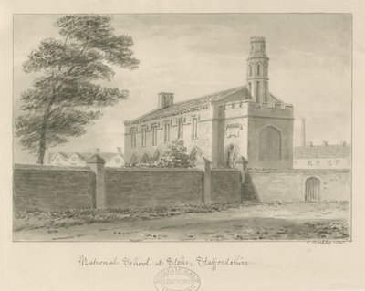 Stoke-upon-Trent - National School: sepia-tegning, 1840 af John Buckler