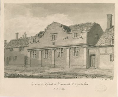 Tamworth - Grammar School: sepia drawing, 1838dani af John Buckler