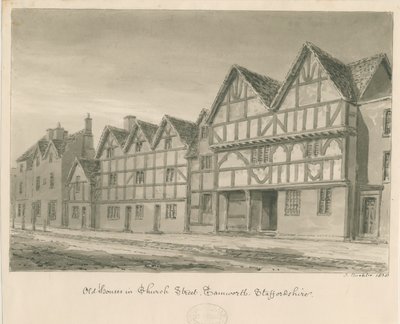 Tamworth - Gamle huse i Church Street: sepia vask tegning, 1838 af John Buckler
