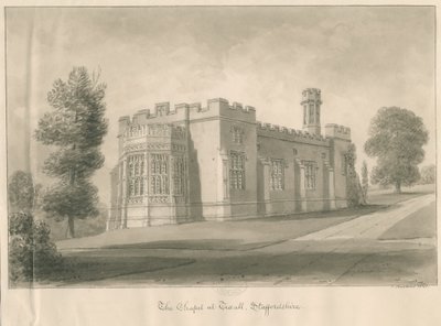 Tixall - Kapel i Tixall Hall: sepia vask tegning af John Buckler