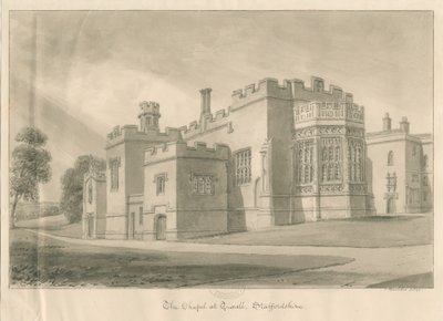 Tixall - Kapel i Tixall Hall: sepia vask tegning, 1841 af John Buckler