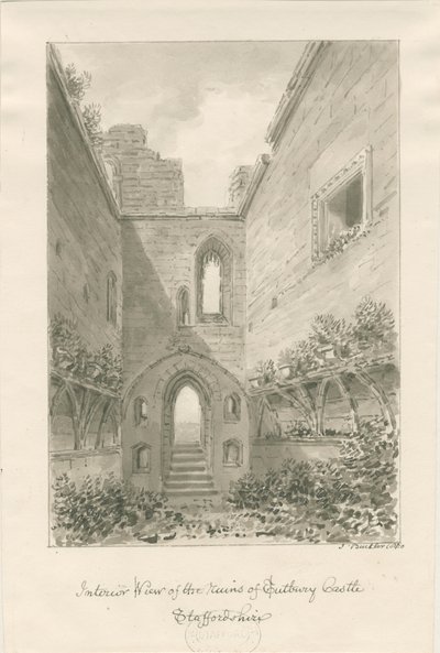Tutbury Castle - Interior of Ruins: sepia vask tegning af John Buckler
