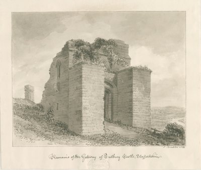 Tutbury Castle - Remains of the Gateway: sepia vask tegning af John Buckler