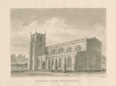 Tutbury Priory Church: sepia vask tegning, 1812 af John Buckler