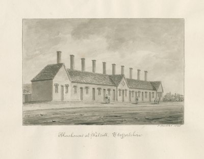 Walsall - Almshouses: sepia vask tegning af John Buckler