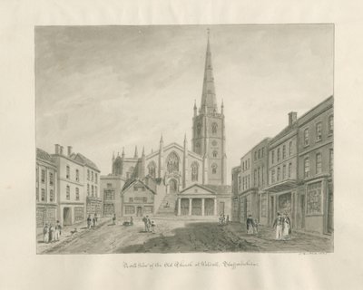 Walsall Town and Church: sepia vask tegning af John Buckler